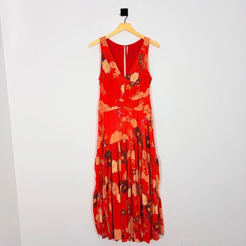 Free People Sure Thing Floral Maxi Dress Red Orange Boho Tiered OB1136382 Size 4